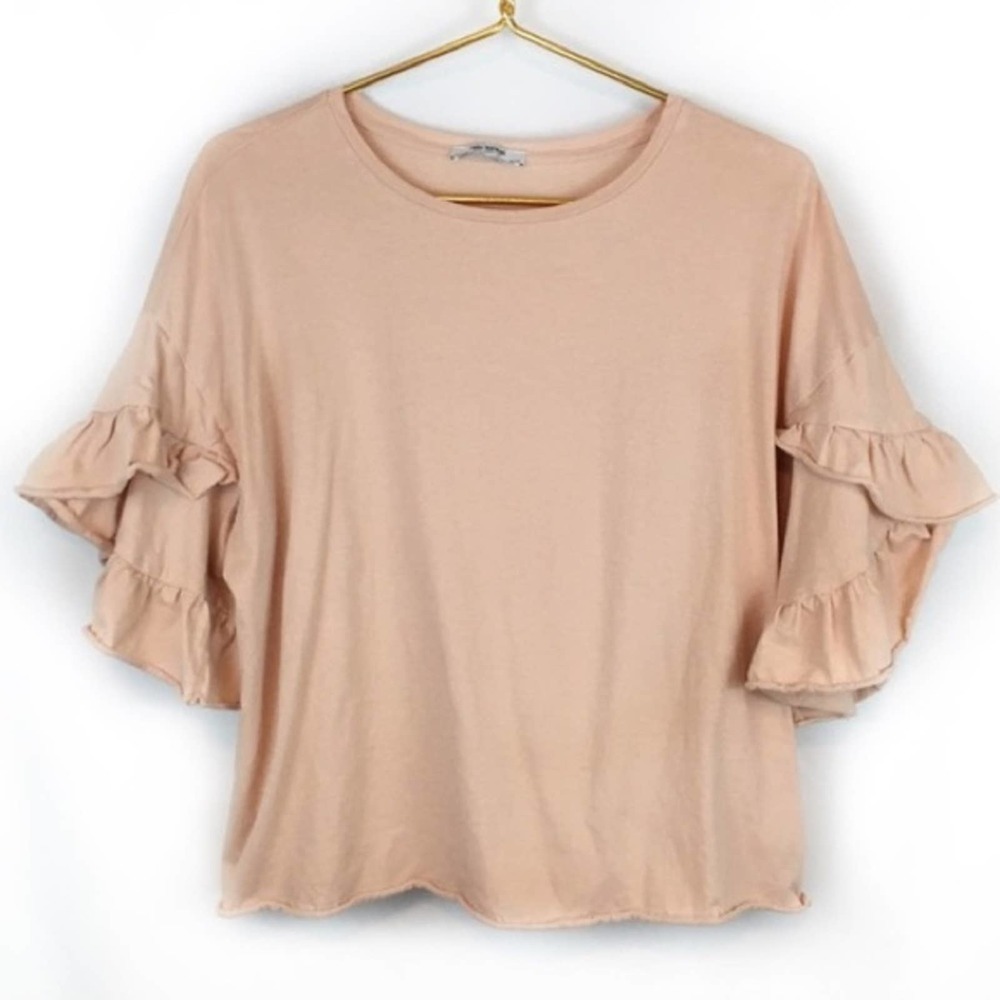 Zara Trafaluc blush Pink Ruffle Sleeve Shirt MED - Picture 3 of 10